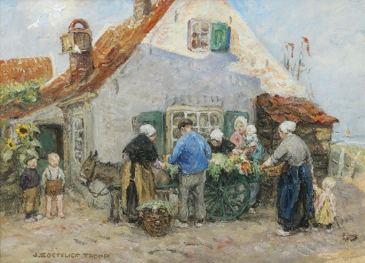 Zoetelief Tromp J. | Johannes 'Jan' Zoetelief Tromp, Groenteverkoopster bij De Meelzak, Katwijk aan Zee (alleen tezamen met 11629), olieverf op doek 31,0 x 40,7 cm, gesigneerd linksonder Zoetelief Tromp J. | Johannes 'Jan' Zoetelief Tromp, Groenteverkoopster bij De Meelzak, Katwijk aan Zee (alleen tezamen met 11629), olieverf op doek 31,0 x 40,7 cm, gesigneerd linksonder