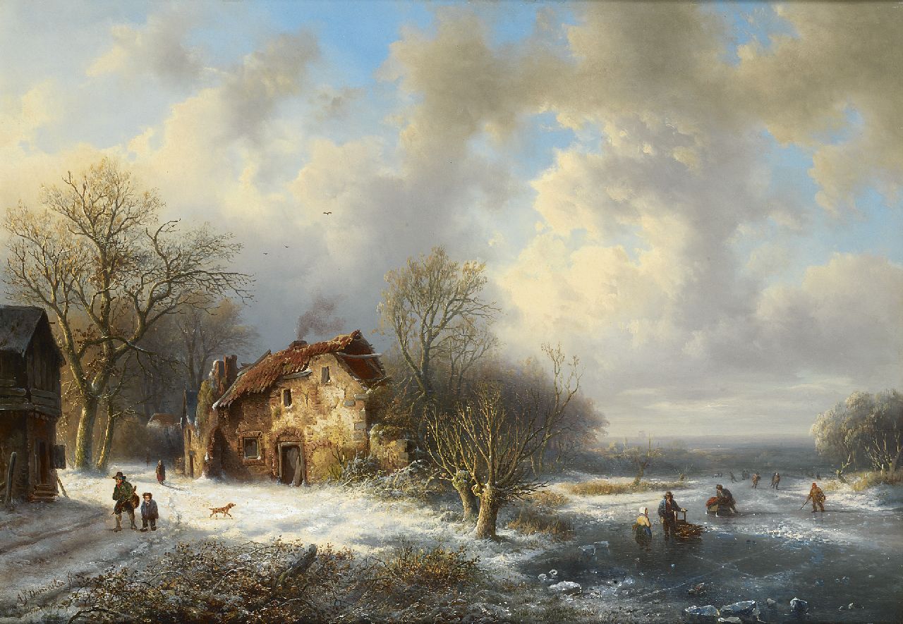 Daiwaille A.J.  | Alexander Joseph Daiwaille, Winterlandschap met schaatsers, olieverf op doek 50,7 x 72,8 cm, gesigneerd linksonder 'A.J. Daiwaille' en 'Horgnies' en te dateren ca. 1847-1849