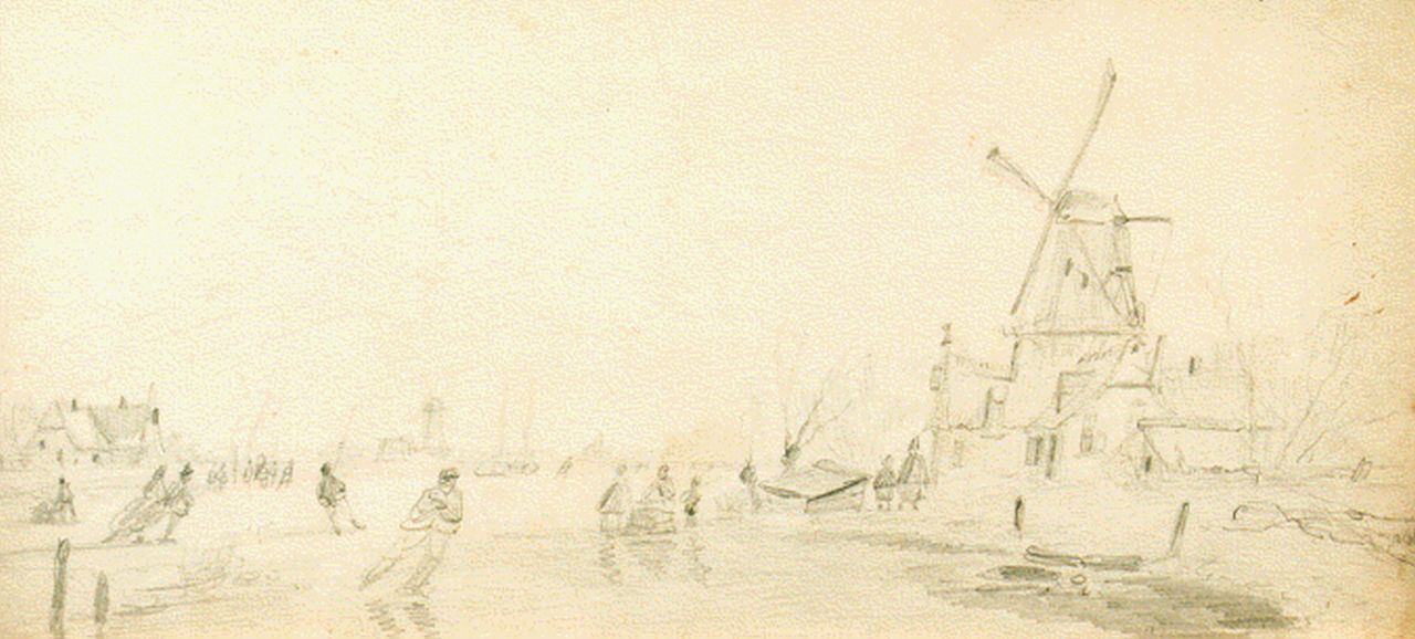 Meijier A.A. de | Anthony Andreas de Meijier, IJsvermaak bij de molen, potlood op papier 15,5 x 32,5 cm Meijier A.A. de | Anthony Andreas de Meijier, IJsvermaak bij de molen, potlood op papier 15,5 x 32,5 cm