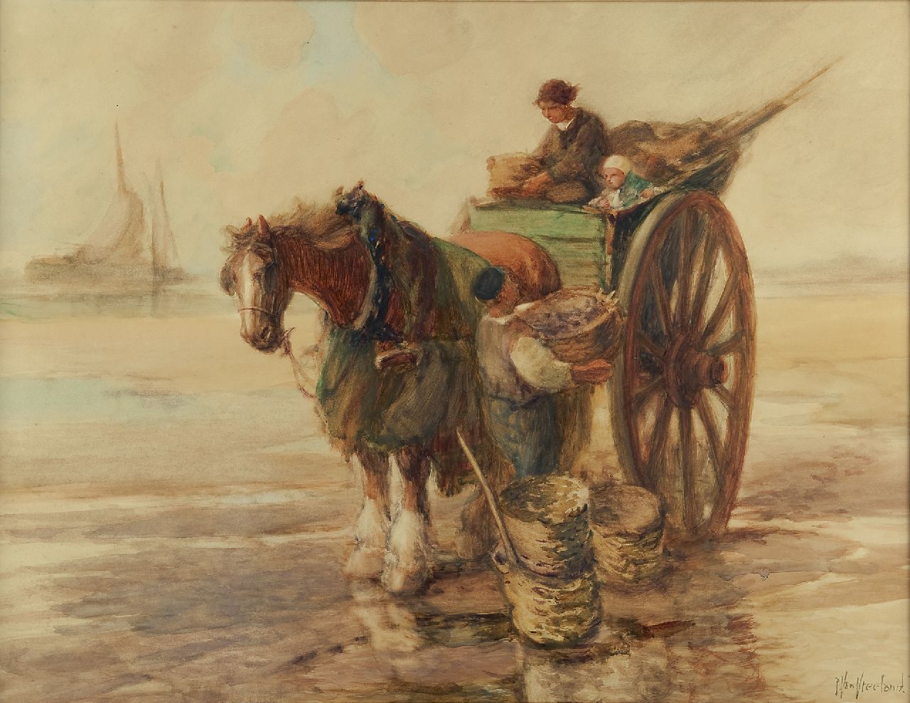 Vreeland F.W.  | Francis William Vreeland, Vissersfamilie op het strand, aquarel op papier 53,8 x 70,1 cm, gesigneerd rechtsonder