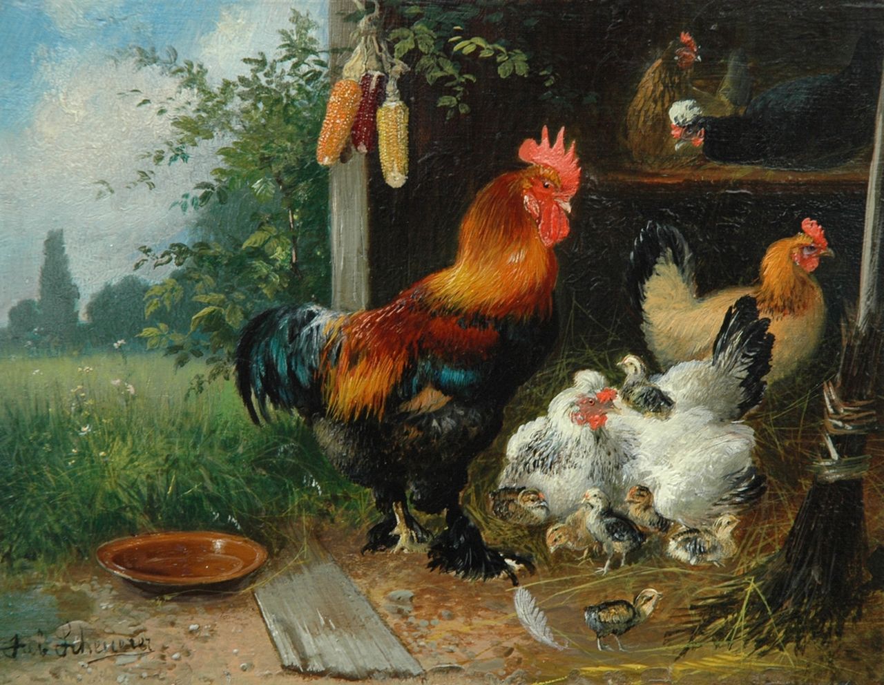 Scheuerer J. | Julius Scheuerer, De baas in het kippenhok, olieverf op papier op paneel 14,9 x 18,2 cm, gesigneerd linksonder Scheuerer J. | Julius Scheuerer, De baas in het kippenhok, olieverf op papier op paneel 14,9 x 18,2 cm, gesigneerd linksonder