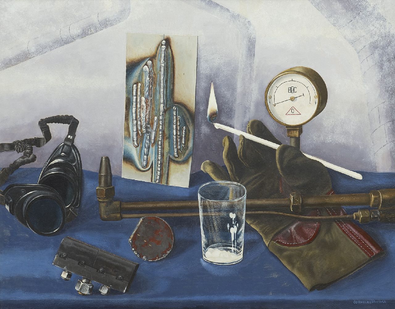 Postma C.J. | Cornelis Johannes 'Kor' Postma | Schilderijen te koop aangeboden | Stilleven met lasattributen, olieverf op papier 38,0 x 47,9 cm, gesigneerd rechtsonder en te dateren ca. 1956 Postma C.J. | Cornelis Johannes 'Kor' Postma | Schilderijen te koop aangeboden | Stilleven met lasattributen, olieverf op papier 38,0 x 47,9 cm, gesigneerd rechtsonder en te dateren ca. 1956