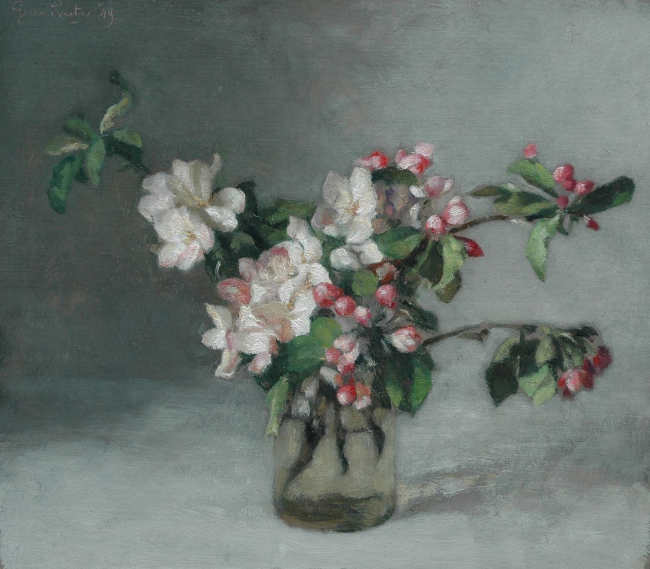 Rueter W.C.G. | Wilhelm Christian 'Georg' Rueter, Bloemen in een vaas, olieverf op paneel 37,5 x 42,4 cm, gesigneerd linksboven en gedateerd '49 Rueter W.C.G. | Wilhelm Christian 'Georg' Rueter, Bloemen in een vaas, olieverf op paneel 37,5 x 42,4 cm, gesigneerd linksboven en gedateerd '49
