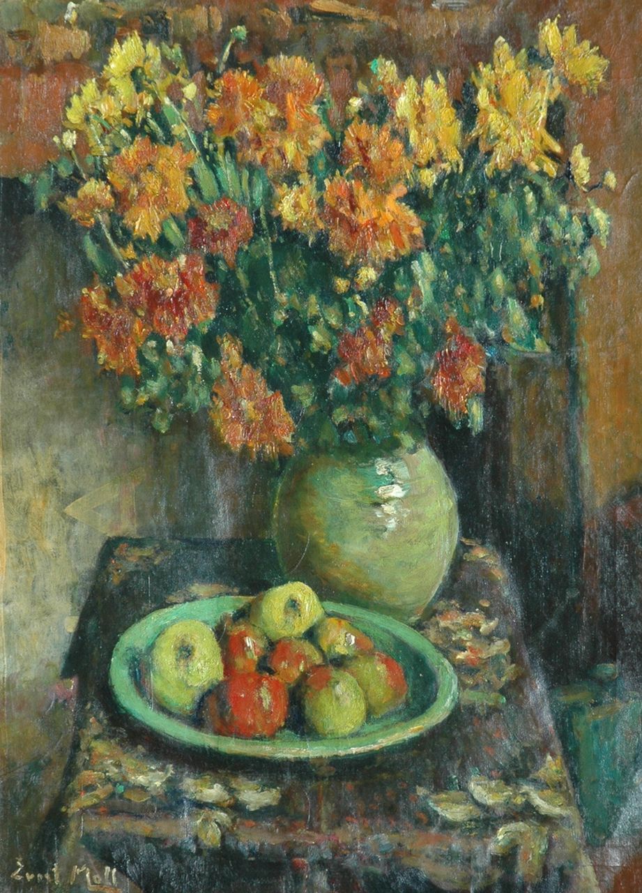 Moll E. | Evert Moll, Stilleven met bloemen en fruitschaal, olieverf op doek 80,0 x 60,0 cm, gesigneerd linksonder Moll E. | Evert Moll, Stilleven met bloemen en fruitschaal, olieverf op doek 80,0 x 60,0 cm, gesigneerd linksonder
