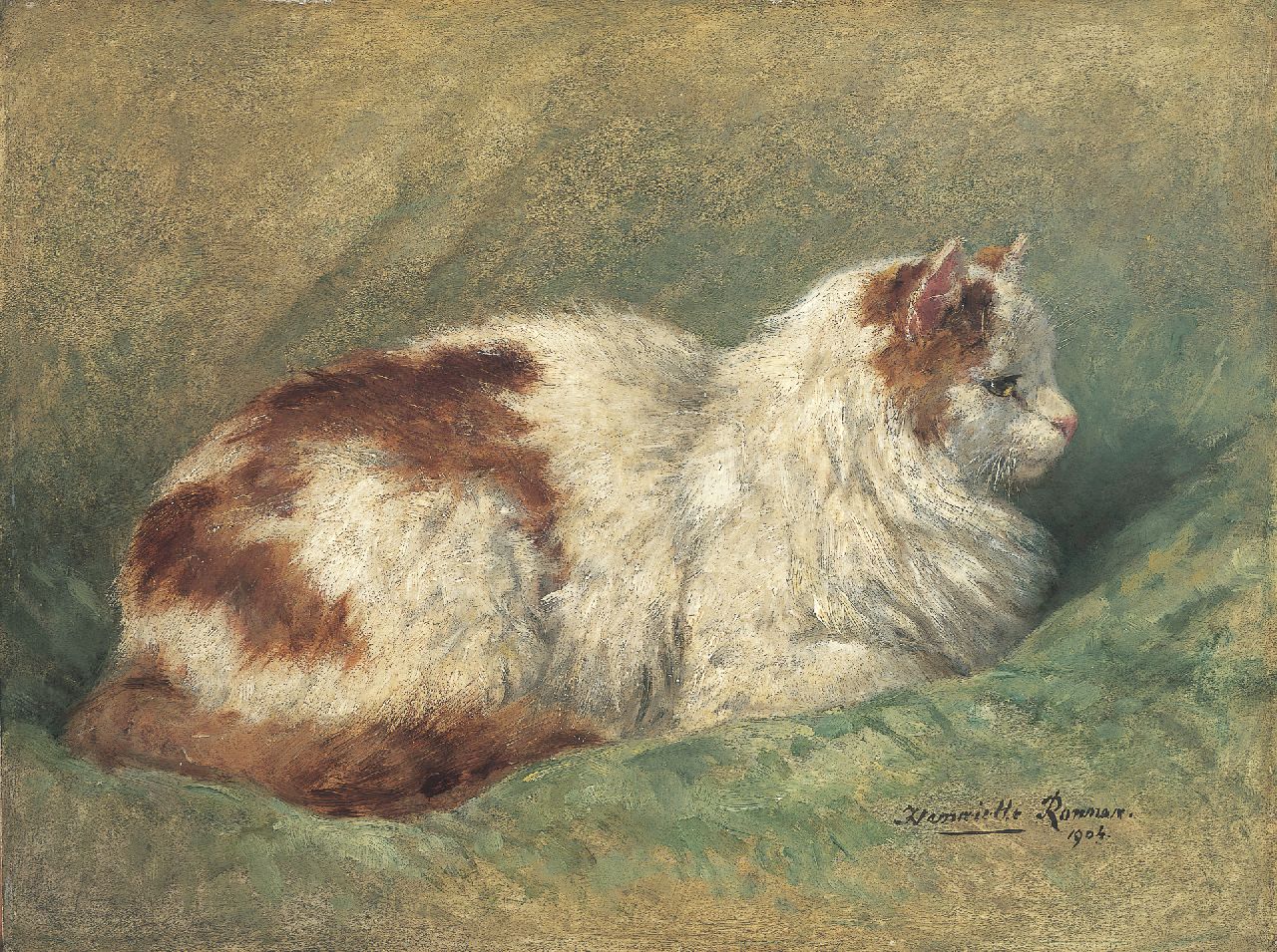 Ronner-Knip H.  | Henriette Ronner-Knip, Moederpoes op kussen, olieverf op paneel 34,8 x 46,0 cm, gesigneerd rechtsonder en gedateerd 1904