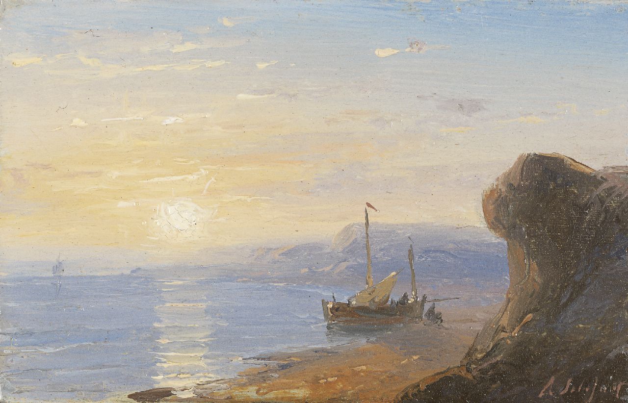 Schelfhout A. | Andreas Schelfhout, De Normandische kust bij ondergaande zon, olieverf op koper 5,8 x 9,1 cm, gesigneerd rechtsonder en te dateren ca. 1845-1849 Schelfhout A. | Andreas Schelfhout, De Normandische kust bij ondergaande zon, olieverf op koper 5,8 x 9,1 cm, gesigneerd rechtsonder en te dateren ca. 1845-1849