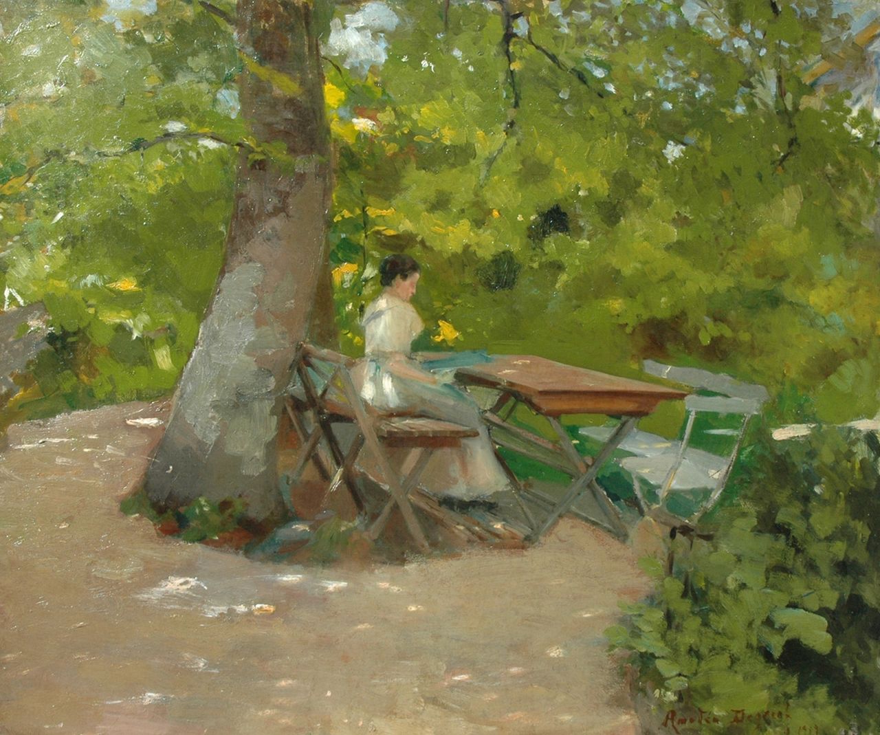 Degreef A. | Amédée Degreef, Zomermiddag in de tuin, olieverf op doek 50,4 x 60,2 cm, gesigneerd rechtsonder en gedateerd 1919 Degreef A. | Amédée Degreef, Zomermiddag in de tuin, olieverf op doek 50,4 x 60,2 cm, gesigneerd rechtsonder en gedateerd 1919