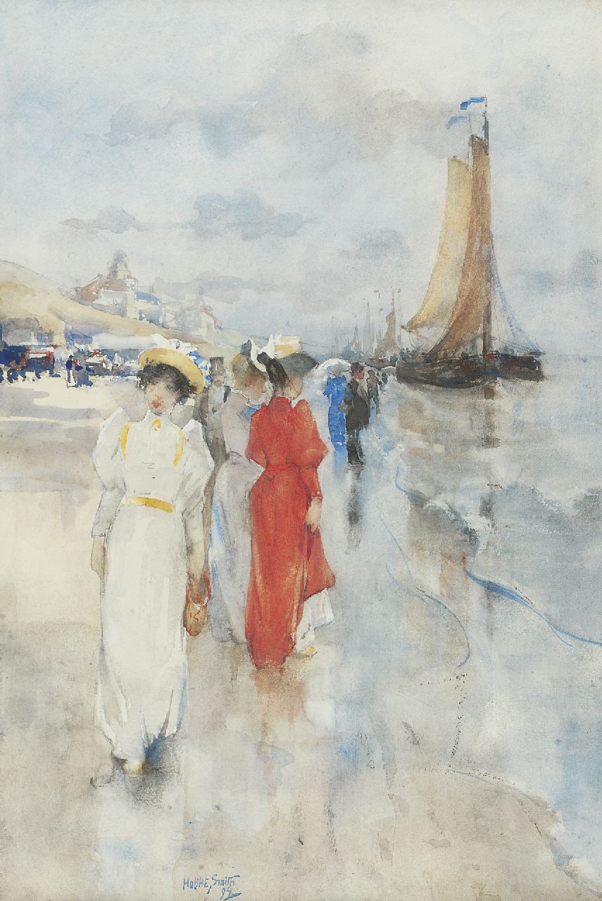 Smith H. | Hobbe Smith, Elegante wandelaarsters op het strand van Scheveningen, aquarel op papier 45,9 x 30,4 cm, gesigneerd links van het midden. en gedateerd '94 Smith H. | Hobbe Smith, Elegante wandelaarsters op het strand van Scheveningen, aquarel op papier 45,9 x 30,4 cm, gesigneerd links van het midden. en gedateerd '94
