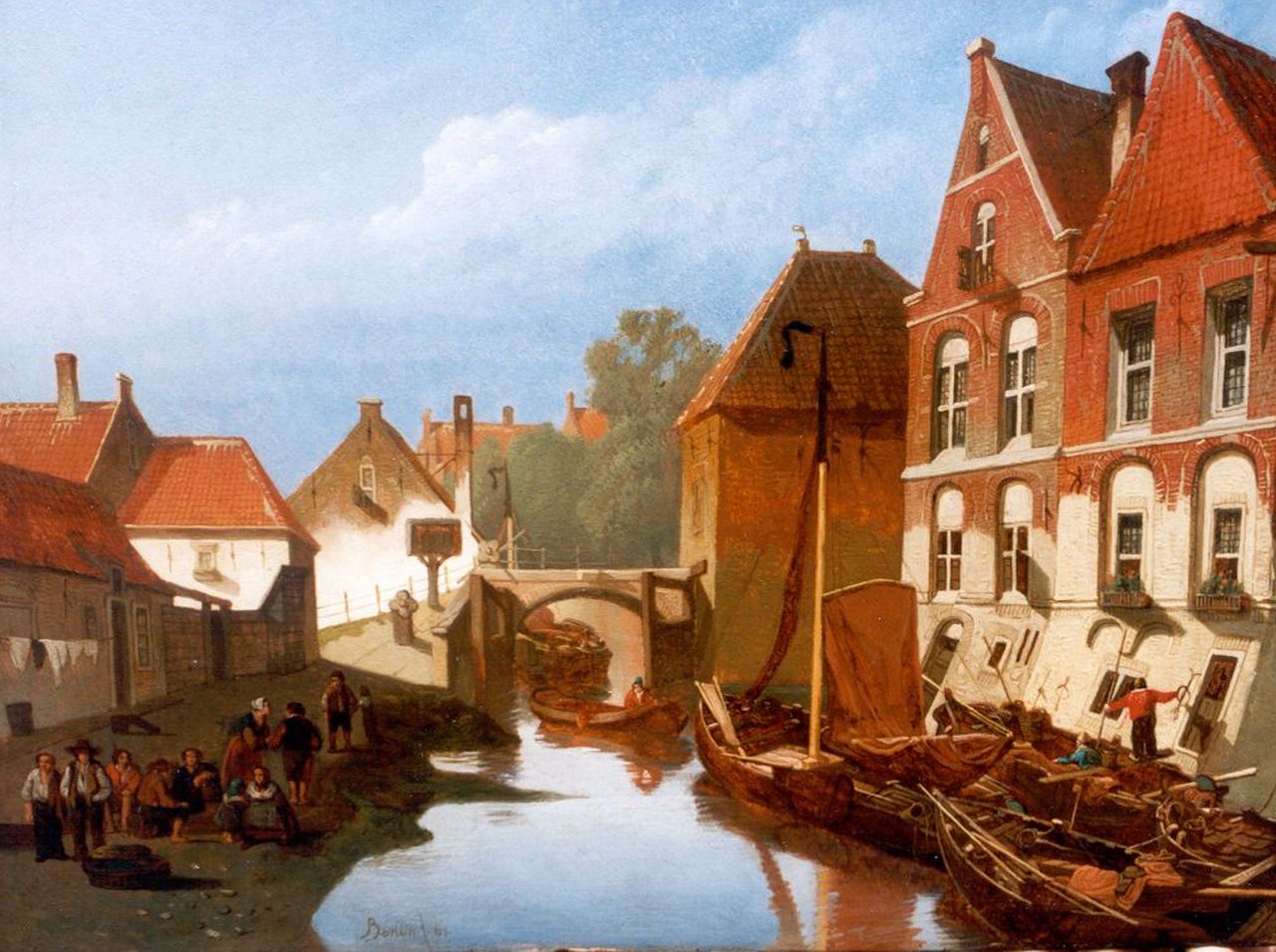 Berlin J. | J. Berlin, Stadsgezicht met gracht en schepen, olieverf op paneel 27,0 x 35,0 cm, gesigneerd l.vh.m. Berlin J. | J. Berlin, Stadsgezicht met gracht en schepen, olieverf op paneel 27,0 x 35,0 cm, gesigneerd l.vh.m.