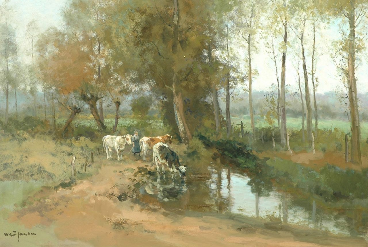 Jansen W.G.F. | 'Willem' George Frederik Jansen, Drinkende koeien bij een beek, olieverf op doek 82,2 x 117,8 cm, gesigneerd linksonder Jansen W.G.F. | 'Willem' George Frederik Jansen, Drinkende koeien bij een beek, olieverf op doek 82,2 x 117,8 cm, gesigneerd linksonder