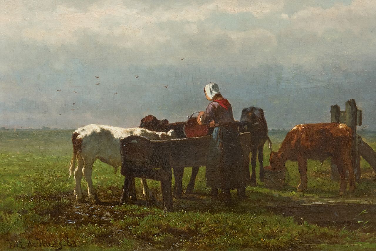 Haas J.H.L. de | Johannes Hubertus Leonardus de Haas | Schilderijen te koop aangeboden | Kalveren voeren, olieverf op paneel 22,7 x 33,0 cm, gesigneerd linksonder en gedateerd '63 Haas J.H.L. de | Johannes Hubertus Leonardus de Haas | Schilderijen te koop aangeboden | Kalveren voeren, olieverf op paneel 22,7 x 33,0 cm, gesigneerd linksonder en gedateerd '63