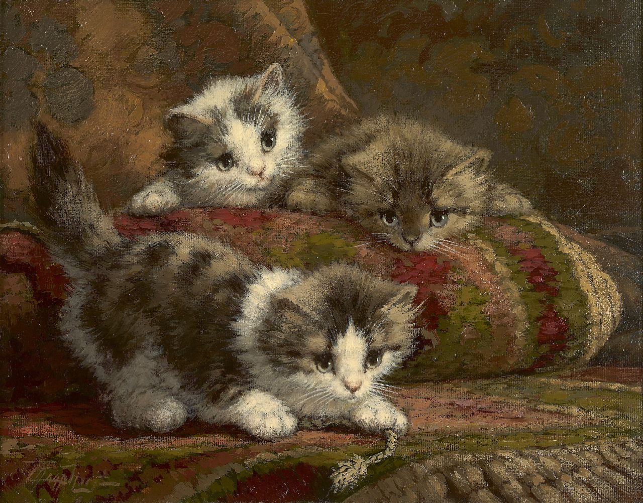 Raaphorst C. | Cornelis Raaphorst, Drie katjes op een sierkussen, olieverf op doek 24,2 x 30,3 cm, gesigneerd linksonder Raaphorst C. | Cornelis Raaphorst, Drie katjes op een sierkussen, olieverf op doek 24,2 x 30,3 cm, gesigneerd linksonder