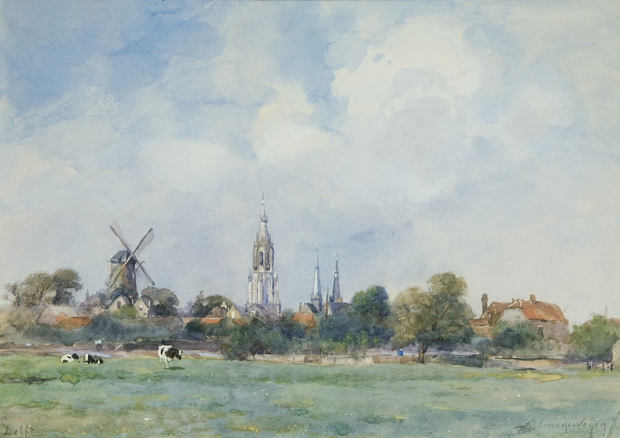 Groenewegen A.J. | Adrianus Johannes Groenewegen, Gezicht op Delft met de Nieuwe Kerk, aquarel op papier 24,5 x 34,5 cm, gesigneerd rechtsonder Groenewegen A.J. | Adrianus Johannes Groenewegen, Gezicht op Delft met de Nieuwe Kerk, aquarel op papier 24,5 x 34,5 cm, gesigneerd rechtsonder