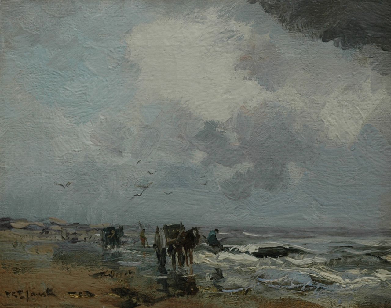 Jansen W.G.F. | 'Willem' George Frederik Jansen, Strandgezicht met schelpenvissers, olieverf op doek op paneel 26,3 x 33,2 cm, gesigneerd linksonder Jansen W.G.F. | 'Willem' George Frederik Jansen, Strandgezicht met schelpenvissers, olieverf op doek op paneel 26,3 x 33,2 cm, gesigneerd linksonder