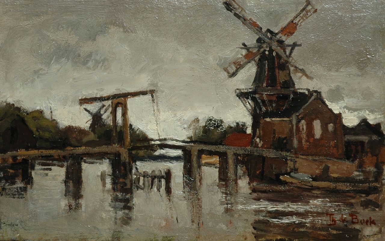 Bock T.E.A. de | Théophile Emile Achille de Bock, Het Spaarne met de Catharijnebrug en molen De Adriaan in Haarlem, olieverf op doek op board 23,1 x 36,2 cm, gesigneerd rechtsonder Bock T.E.A. de | Théophile Emile Achille de Bock, Het Spaarne met de Catharijnebrug en molen De Adriaan in Haarlem, olieverf op doek op board 23,1 x 36,2 cm, gesigneerd rechtsonder