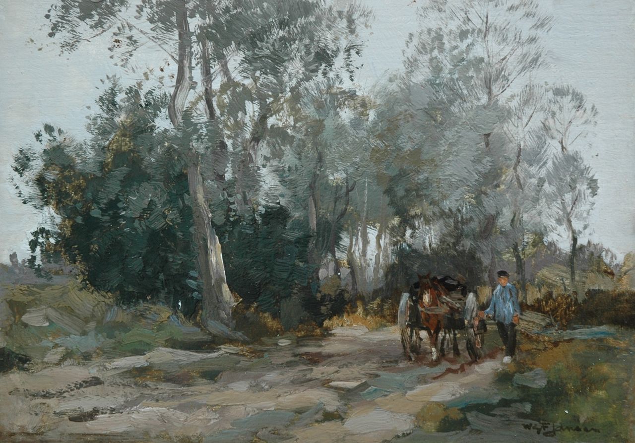 Jansen W.G.F. | 'Willem' George Frederik Jansen, Laantje met paard en wagen, olieverf op paneel 25,0 x 35,6 cm, gesigneerd rechtsonder Jansen W.G.F. | 'Willem' George Frederik Jansen, Laantje met paard en wagen, olieverf op paneel 25,0 x 35,6 cm, gesigneerd rechtsonder