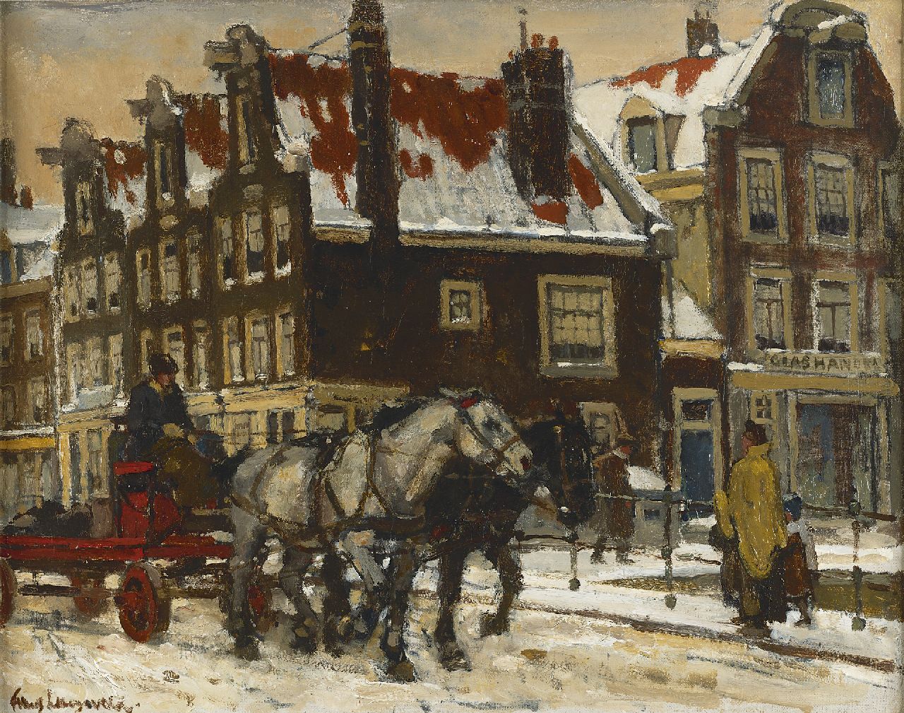 Langeveld F.A.  | Franciscus Arnoldus 'Frans' Langeveld, Paard en wagen op een brug in winters Amsterdam, olieverf op doek 37,8 x 47,5 cm, gesigneerd linksonder
