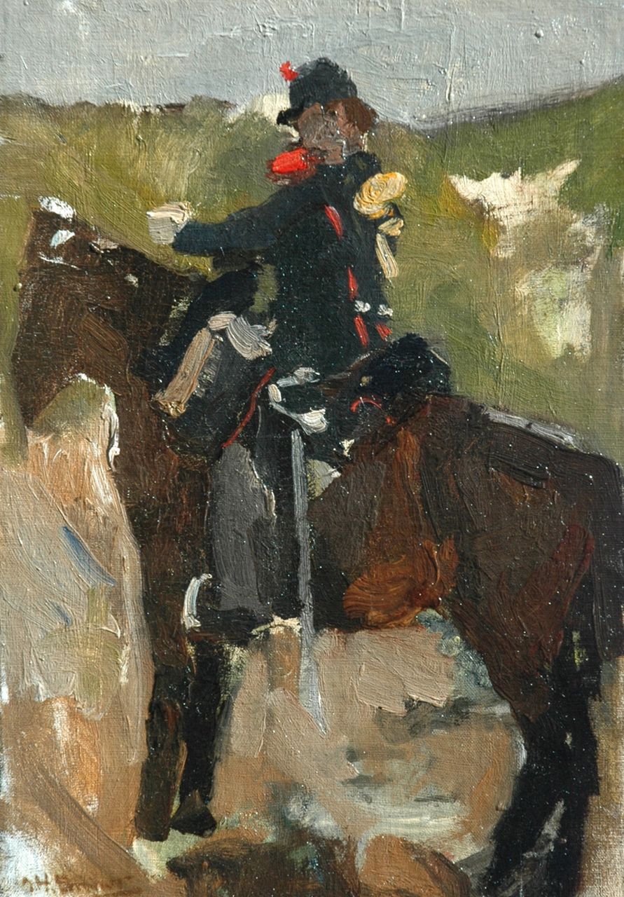 Breitner G.H. | George Hendrik Breitner, Cavalerist te paard, olieverf op doek op paneel 37,3 x 26,6 cm, gesigneerd linksonder Breitner G.H. | George Hendrik Breitner, Cavalerist te paard, olieverf op doek op paneel 37,3 x 26,6 cm, gesigneerd linksonder