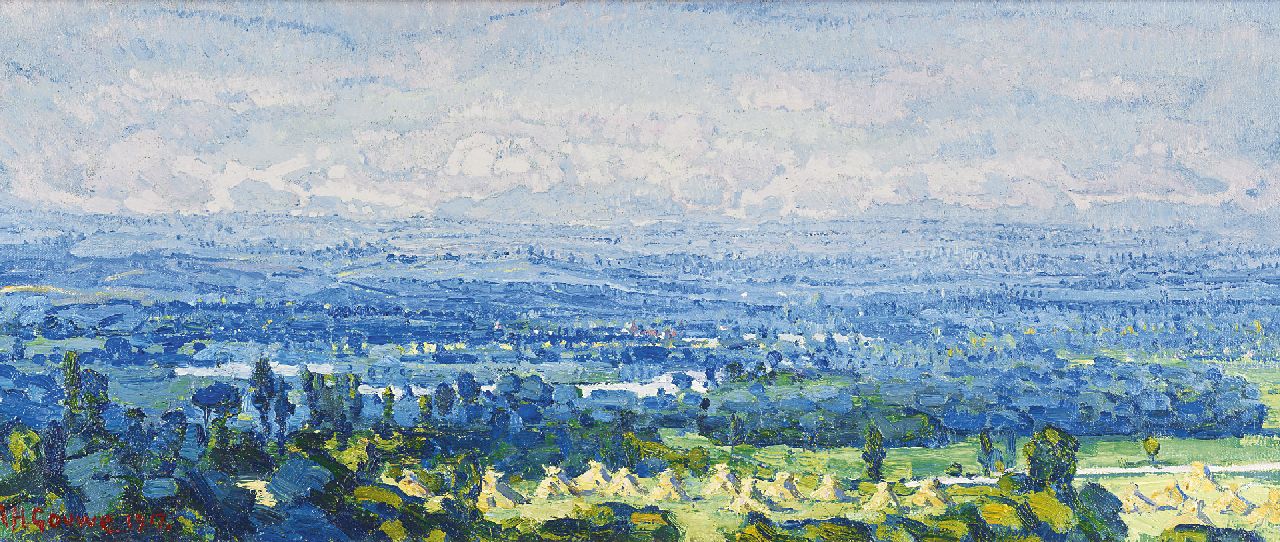 Gouwe A.H. | Adriaan Herman Gouwe, Limburgs landschap met korenschoven, olieverf op doek 24,7 x 58,0 cm, gesigneerd linksonder en gedateerd 1917 Gouwe A.H. | Adriaan Herman Gouwe, Limburgs landschap met korenschoven, olieverf op doek 24,7 x 58,0 cm, gesigneerd linksonder en gedateerd 1917