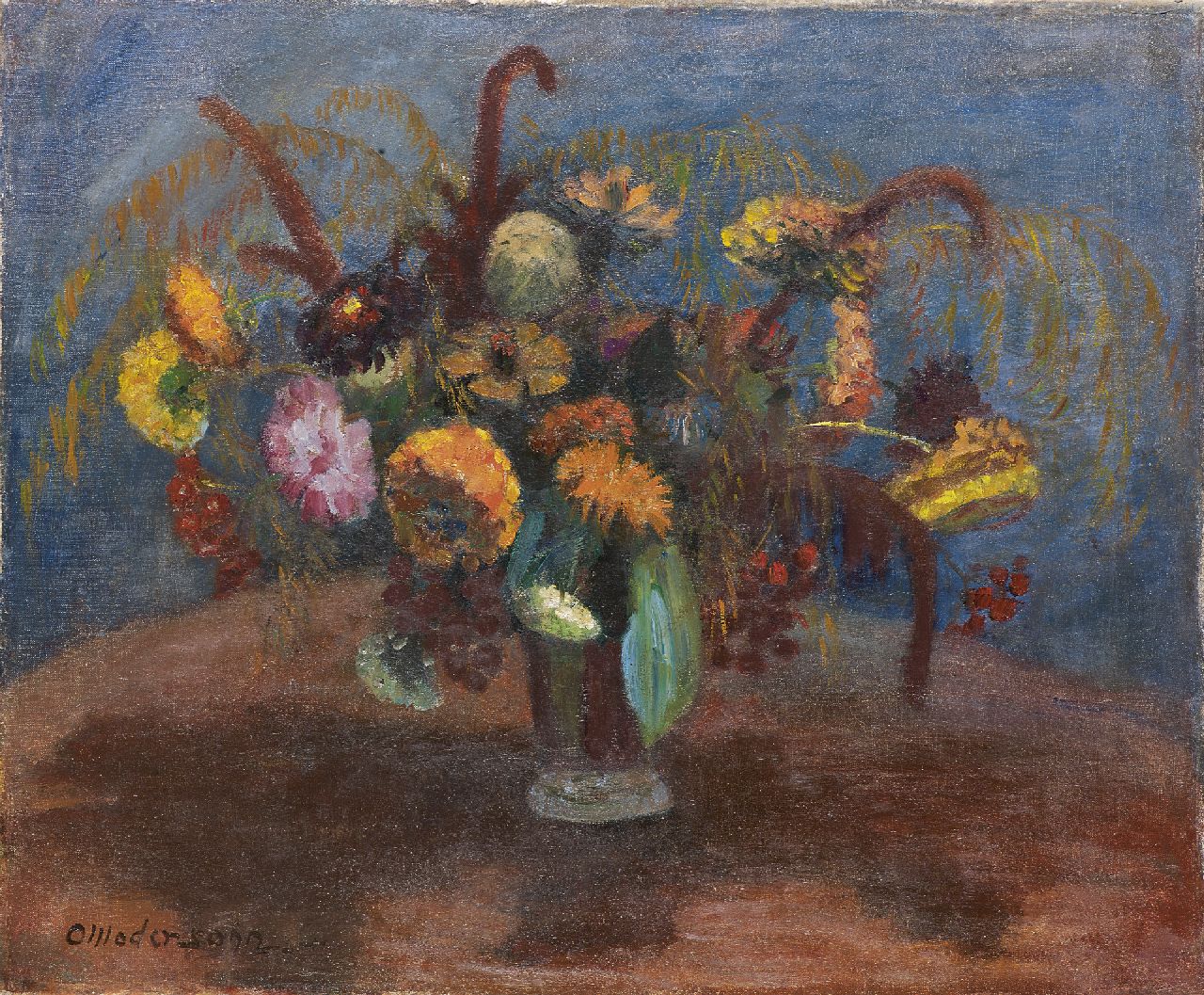 Modersohn O. | Otto Modersohn, Bloemstilleven met zinnia's, olieverf op doek 50,9 x 61,2 cm, gesigneerd linksonder en gedateerd '36 Modersohn O. | Otto Modersohn, Bloemstilleven met zinnia's, olieverf op doek 50,9 x 61,2 cm, gesigneerd linksonder en gedateerd '36