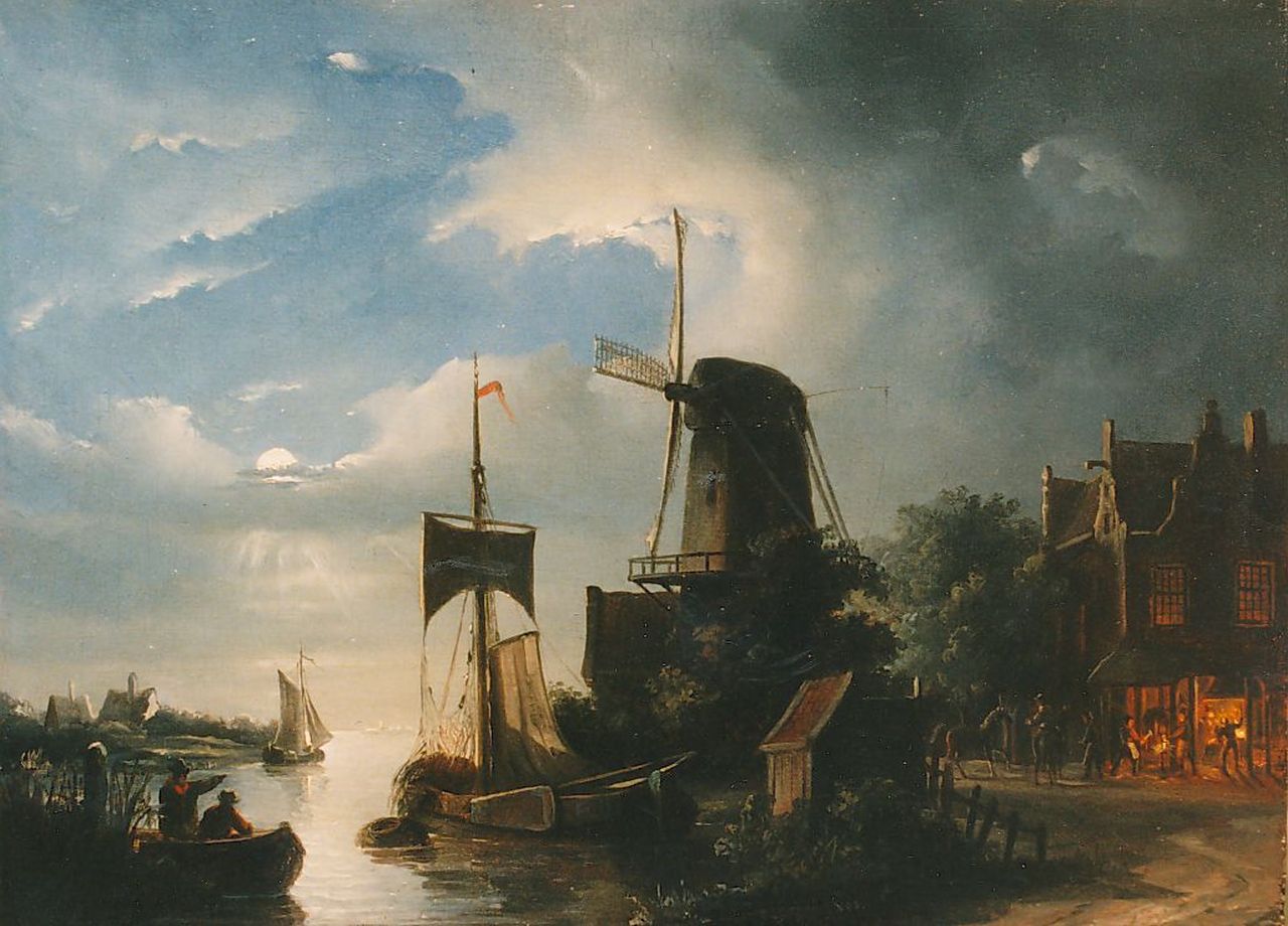 Vos C.A. | Christoffel Albertus Vos, Rivierlandschap bij maanlicht, olieverf op paneel 23,0 x 32,0 cm, gesigneerd r v/h m Vos C.A. | Christoffel Albertus Vos, Rivierlandschap bij maanlicht, olieverf op paneel 23,0 x 32,0 cm, gesigneerd r v/h m