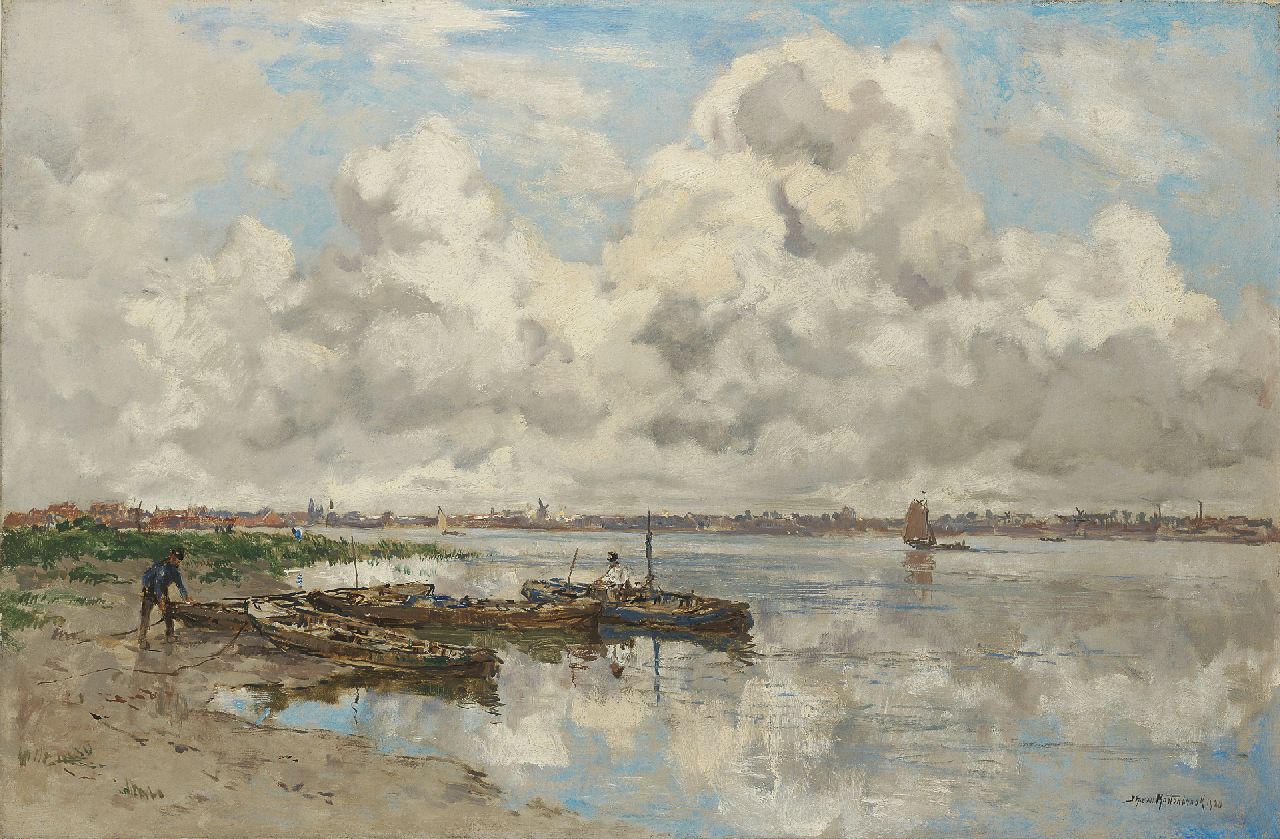 Mastenbroek J.H. van | Johan Hendrik van Mastenbroek, Een rustig plekje op de rivier, olieverf op doek 46,9 x 71,1 cm, gesigneerd rechtsonder en gedateerd 1920 Mastenbroek J.H. van | Johan Hendrik van Mastenbroek, Een rustig plekje op de rivier, olieverf op doek 46,9 x 71,1 cm, gesigneerd rechtsonder en gedateerd 1920