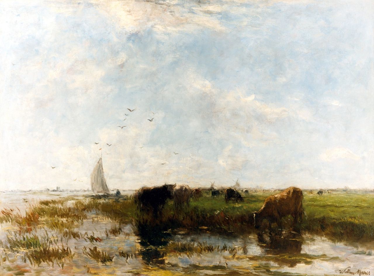 Maris W. | Willem Maris, Riviergezicht met grazende koeien, olieverf op doek 67,0 x 91,0 cm, gesigneerd rechtsonder en te dateren ca. 1875 Maris W. | Willem Maris, Riviergezicht met grazende koeien, olieverf op doek 67,0 x 91,0 cm, gesigneerd rechtsonder en te dateren ca. 1875