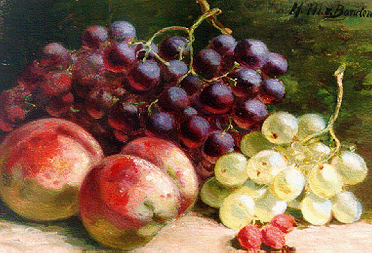 Borselen H.M. van | Helena Maria van Borselen, Perziken, blauwe en witte druiven, olieverf op paneel 21,2 x 30,0 cm, gesigneerd rechtsboven Borselen H.M. van | Helena Maria van Borselen, Perziken, blauwe en witte druiven, olieverf op paneel 21,2 x 30,0 cm, gesigneerd rechtsboven