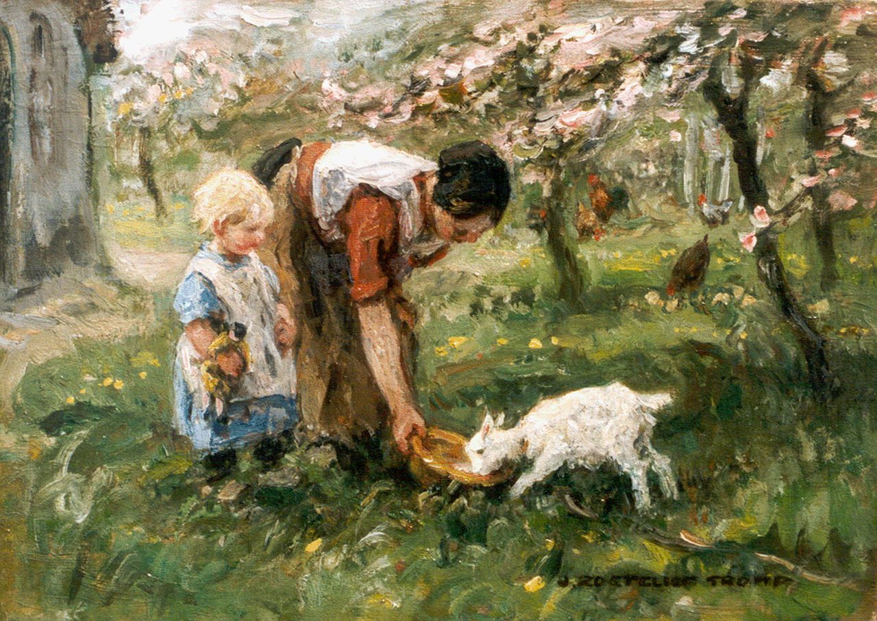 Zoetelief Tromp J.  | Johannes 'Jan' Zoetelief Tromp, Geitje voeren, olieverf op doek 25,5 x 36,0 cm, gesigneerd rechtsonder
