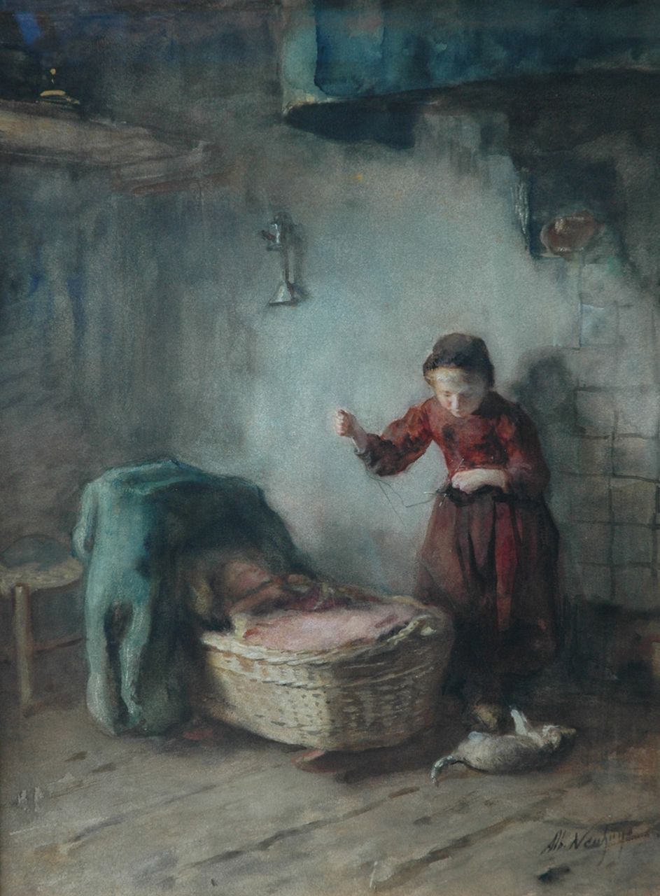 Neuhuys J.A.  | Johannes 'Albert' Neuhuys, Breistertje bij een schommelwieg, aquarel op papier 57,5 x 43,0 cm, gesigneerd rechtsonder