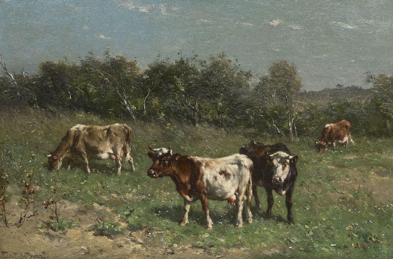 Haas J.H.L. de | Johannes Hubertus Leonardus de Haas | Schilderijen te koop aangeboden | Grazende koeien in duinlandschap, olieverf op papier op paneel 31,4 x 47,2 cm, gesigneerd linksonder Haas J.H.L. de | Johannes Hubertus Leonardus de Haas | Schilderijen te koop aangeboden | Grazende koeien in duinlandschap, olieverf op papier op paneel 31,4 x 47,2 cm, gesigneerd linksonder