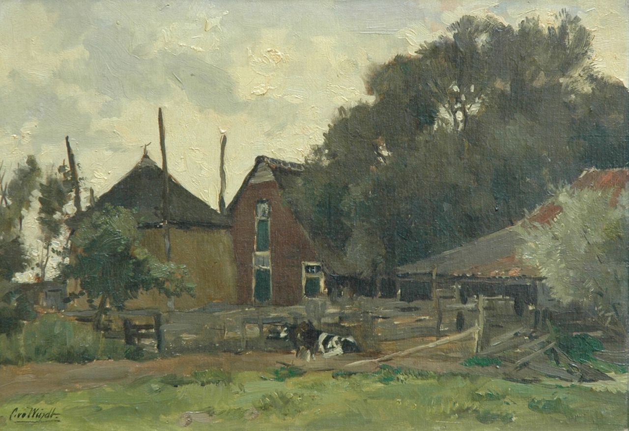 Windt Ch. van der | Christophe 'Chris' van der Windt, Boerderij met twee koeien, olieverf op paneel 30,0 x 43,3 cm, gesigneerd linksonder