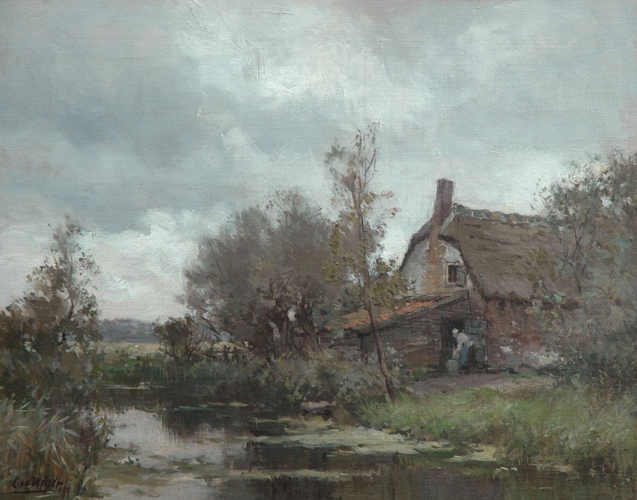 Windt Ch. van der | Christophe 'Chris' van der Windt, Boerderij aan een vaart, olieverf op doek 41,0 x 50,0 cm, gesigneerd linksonder Windt Ch. van der | Christophe 'Chris' van der Windt, Boerderij aan een vaart, olieverf op doek 41,0 x 50,0 cm, gesigneerd linksonder