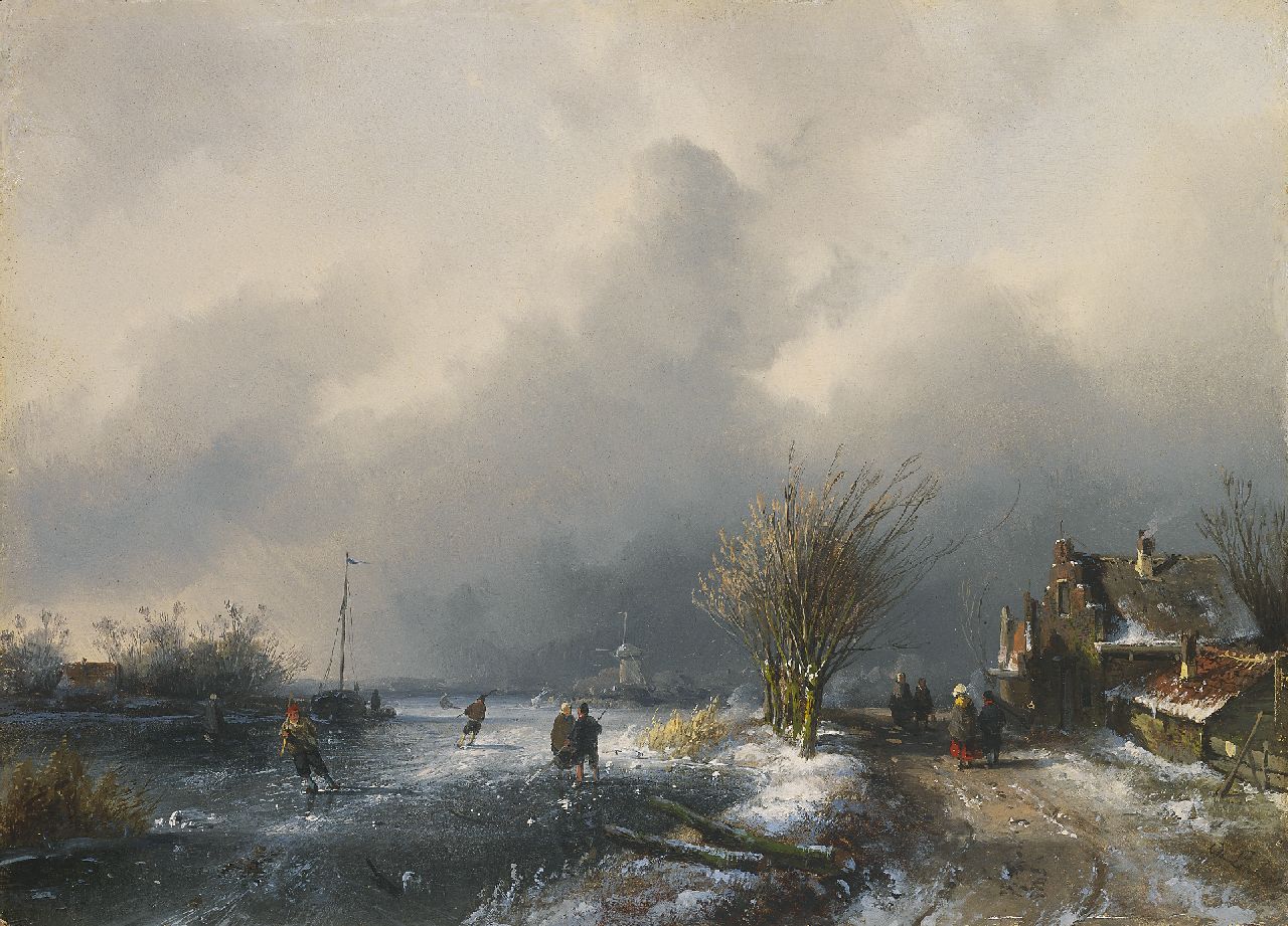 Leickert C.H.J. | 'Charles' Henri Joseph Leickert, IJsgezicht bij naderende sneeuwstorm, olieverf op paneel 20,4 x 28,2 cm, gesigneerd rechtsonder en te dateren ca. 1852 Leickert C.H.J. | 'Charles' Henri Joseph Leickert, IJsgezicht bij naderende sneeuwstorm, olieverf op paneel 20,4 x 28,2 cm, gesigneerd rechtsonder en te dateren ca. 1852