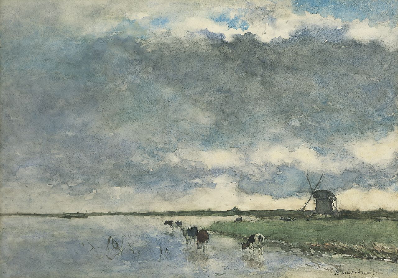 Weissenbruch H.J. | Hendrik Johannes 'J.H.' Weissenbruch, Polderlandschap met molen en vee, aquarel op papier 38,7 x 54,6 cm, gesigneerd rechtsonder Weissenbruch H.J. | Hendrik Johannes 'J.H.' Weissenbruch, Polderlandschap met molen en vee, aquarel op papier 38,7 x 54,6 cm, gesigneerd rechtsonder