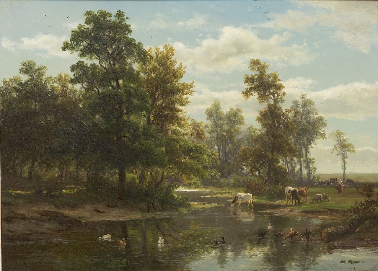 Immerzeel C.  | Christiaan Immerzeel, Bosbeek met drinkend vee, olieverf op paneel 33,5 x 47,2 cm, gesigneerd rechtsonder