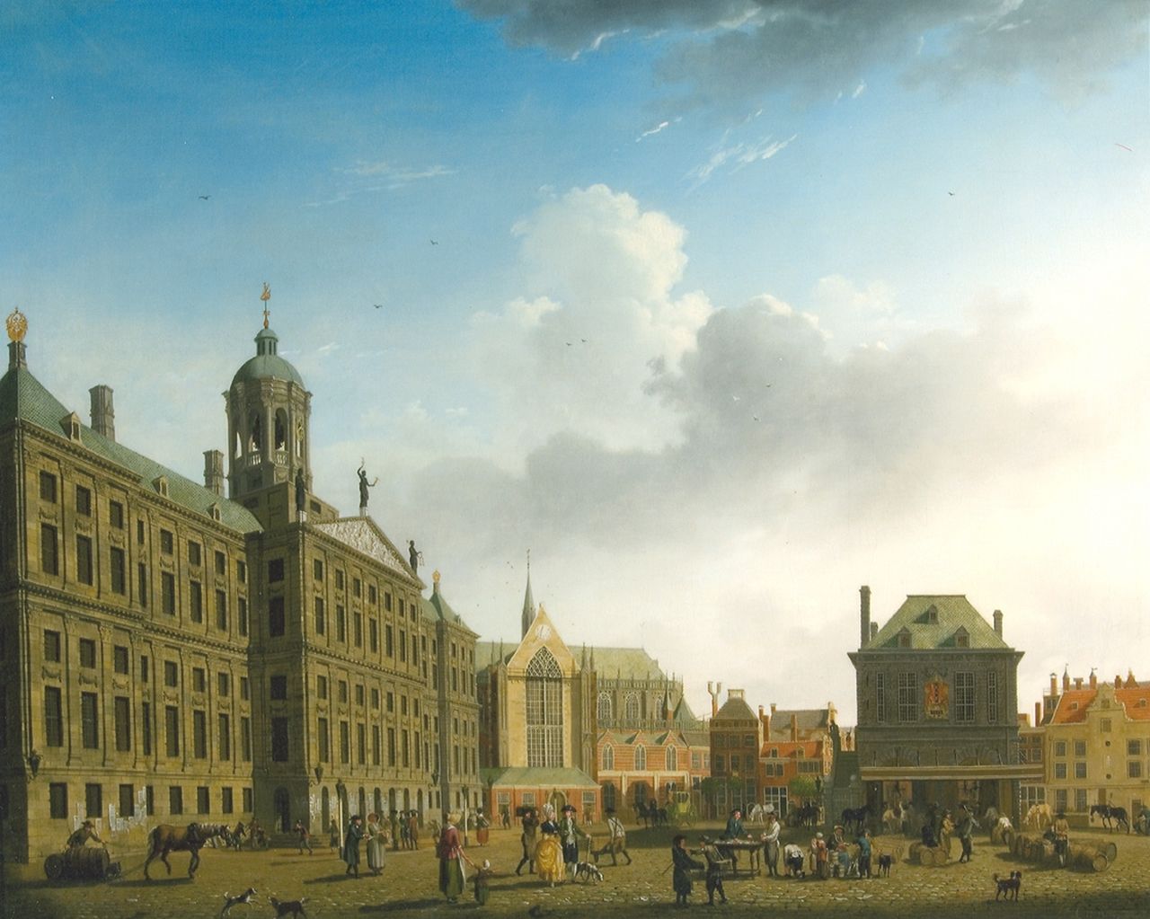 Ouwater I. | Isaac Ouwater, De Dam in Amsterdam met het Stadhuis en de Waag, olieverf op doek 61,6 x 77,8 cm, gesigneerd rechtsonder en gedateerd 1782 Ouwater I. | Isaac Ouwater, De Dam in Amsterdam met het Stadhuis en de Waag, olieverf op doek 61,6 x 77,8 cm, gesigneerd rechtsonder en gedateerd 1782