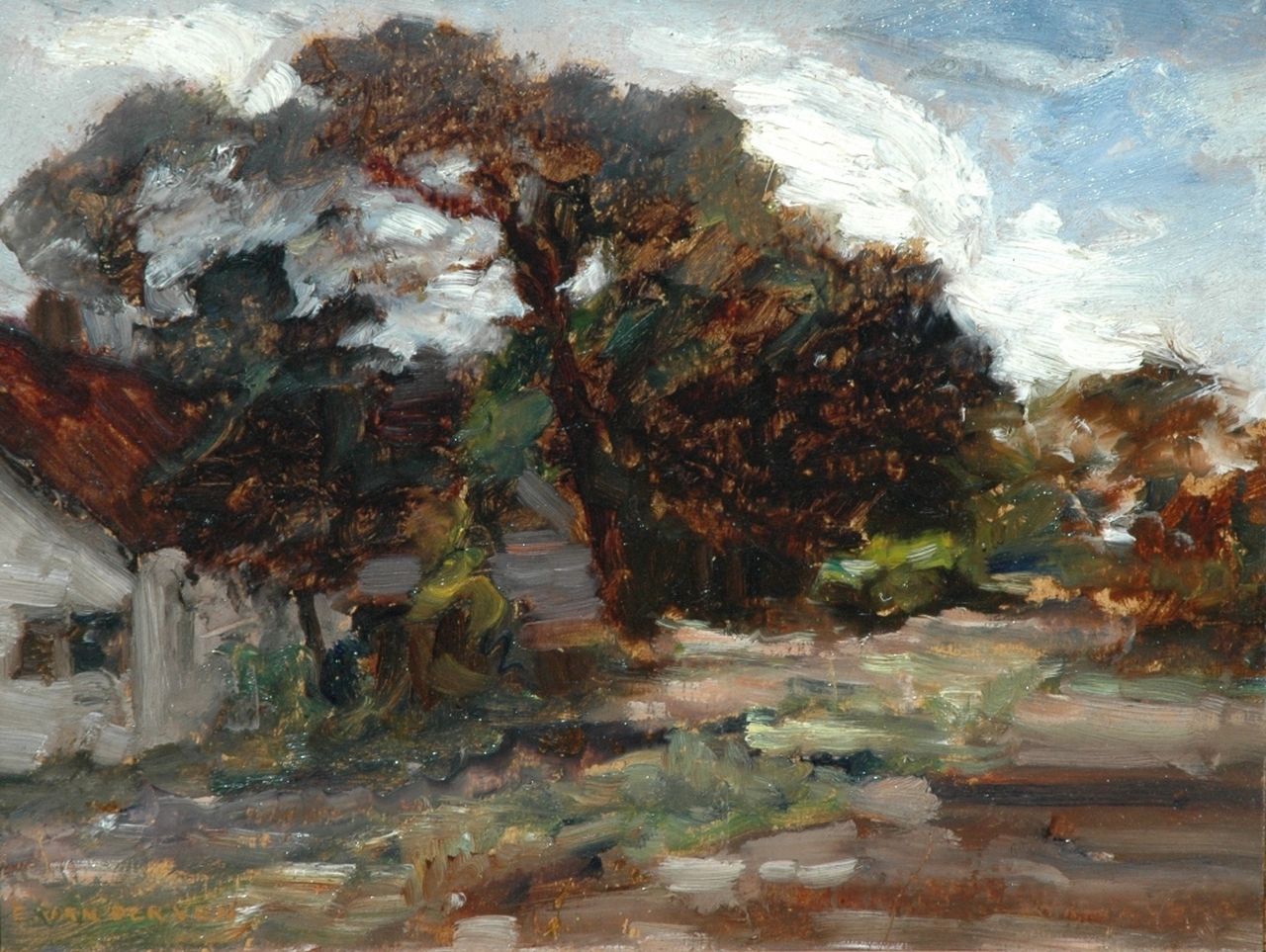 Ven E.E.G. van der | Emanuel Ernest Gerardus 'Manus' van der Ven, Huis met bomen, olieverf op schildersboard 27,8 x 35,2 cm, gesigneerd linksonder