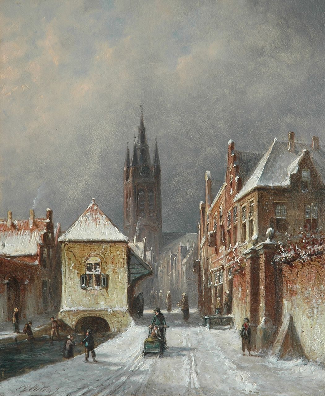 Vertin P.G. | Petrus Gerardus Vertin, Winters stadsgezicht met de Oude Kerk van Delft, olieverf op paneel 24,1 x 20,0 cm, gesigneerd linksonder Vertin P.G. | Petrus Gerardus Vertin, Winters stadsgezicht met de Oude Kerk van Delft, olieverf op paneel 24,1 x 20,0 cm, gesigneerd linksonder