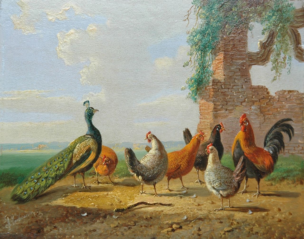 Verhoesen A. | Albertus Verhoesen, Een pauw, haan en kippen in een zomerlandschap, olieverf op paneel 13,6 x 16,9 cm, gesigneerd linksonder Verhoesen A. | Albertus Verhoesen, Een pauw, haan en kippen in een zomerlandschap, olieverf op paneel 13,6 x 16,9 cm, gesigneerd linksonder