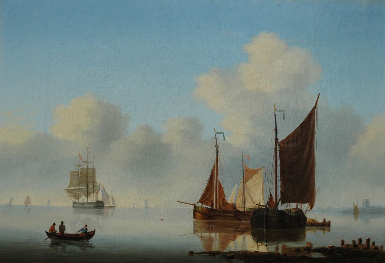 Gruijter jr. W. | Willem Gruijter jr., Beurtschepen voor anker in kalme riviermond, olieverf op paneel 26,8 x 38,6 cm, gesigneerd rechtsonder met initialen en gedateerd '40 Gruijter jr. W. | Willem Gruijter jr., Beurtschepen voor anker in kalme riviermond, olieverf op paneel 26,8 x 38,6 cm, gesigneerd rechtsonder met initialen en gedateerd '40