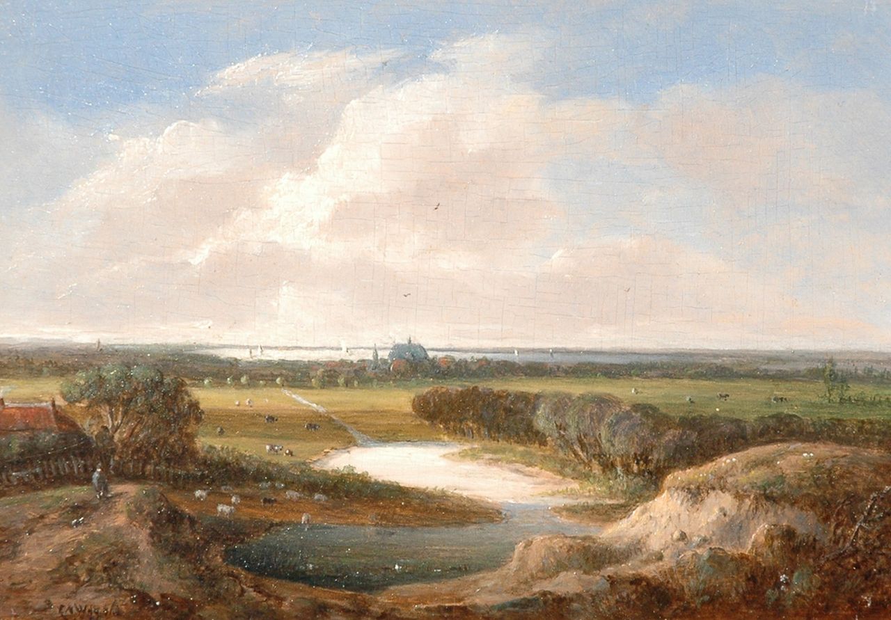 Weerts C.A. | Coenraad Alexander Weerts, Zomers dorpje bij een rivierdam, olieverf op paneel 14,0 x 20,2 cm, gesigneerd linksonder Weerts C.A. | Coenraad Alexander Weerts, Zomers dorpje bij een rivierdam, olieverf op paneel 14,0 x 20,2 cm, gesigneerd linksonder