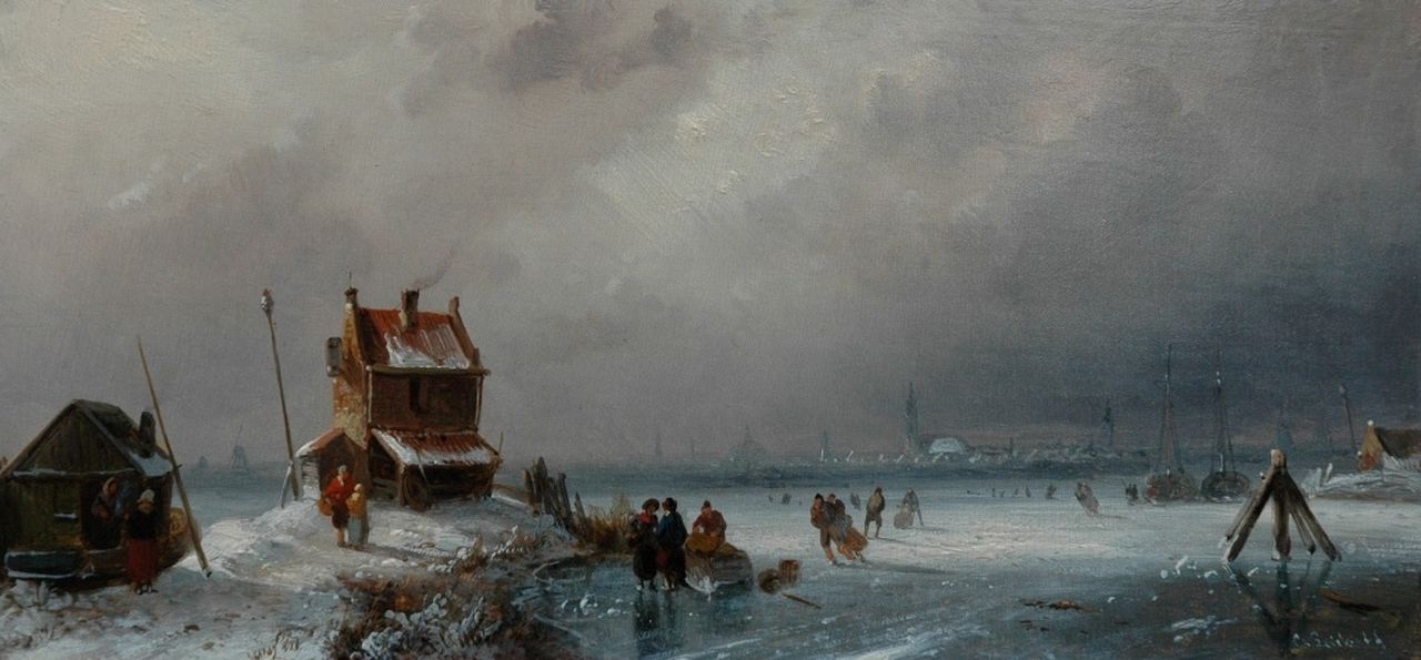 Leickert C.H.J. | 'Charles' Henri Joseph Leickert, Schaatsers op het ijs op een bewolkte winterdag, olieverf op paneel 14,4 x 30,4 cm, gesigneerd rechtsonder Leickert C.H.J. | 'Charles' Henri Joseph Leickert, Schaatsers op het ijs op een bewolkte winterdag, olieverf op paneel 14,4 x 30,4 cm, gesigneerd rechtsonder