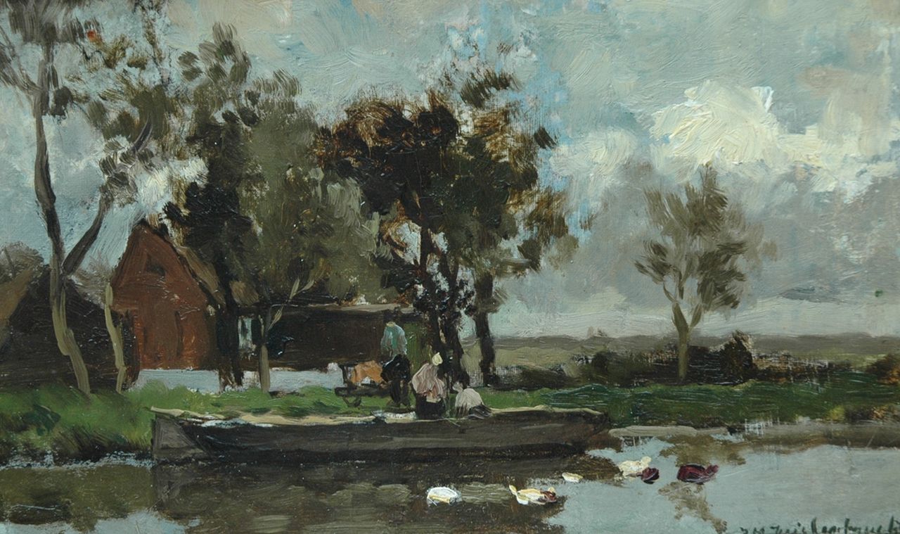 Weissenbruch H.J. | Hendrik Johannes 'J.H.' Weissenbruch, Aan de sloot, olieverf op doek op board 19,8 x 31,8 cm, gesigneerd rechtsonder Weissenbruch H.J. | Hendrik Johannes 'J.H.' Weissenbruch, Aan de sloot, olieverf op doek op board 19,8 x 31,8 cm, gesigneerd rechtsonder