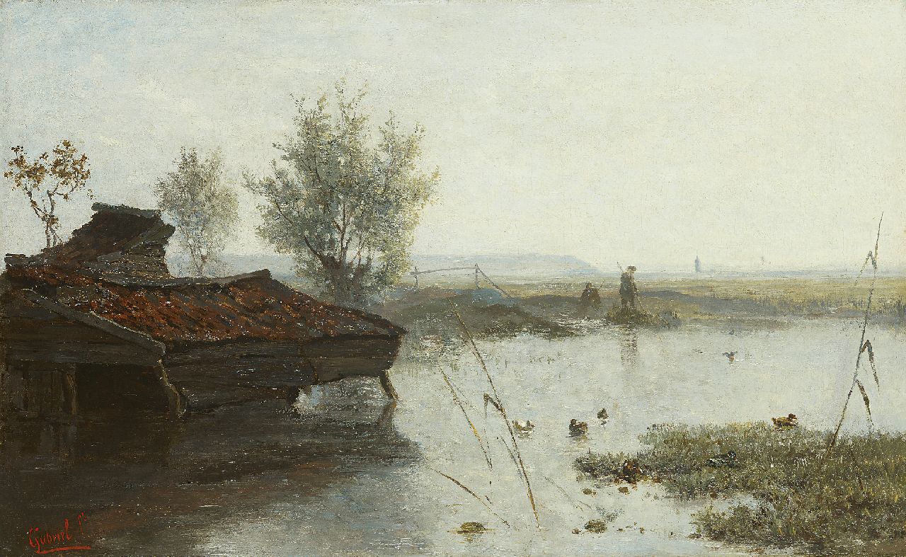 Gabriel P.J.C.  | Paul Joseph Constantin 'Constan(t)' Gabriel, Vissers bij een poldersloot met schuitenhuis, olieverf op doek 28,9 x 46,4 cm, gesigneerd linksonder