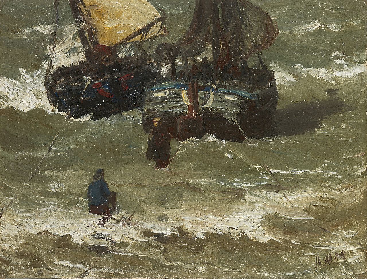 Mesdag H.W.  | Hendrik Willem Mesdag, Twee bommen worden bevoorraad, olieverf op doek op paneel 29,2 x 38,5 cm, gesigneerd rechtsonder met initialen