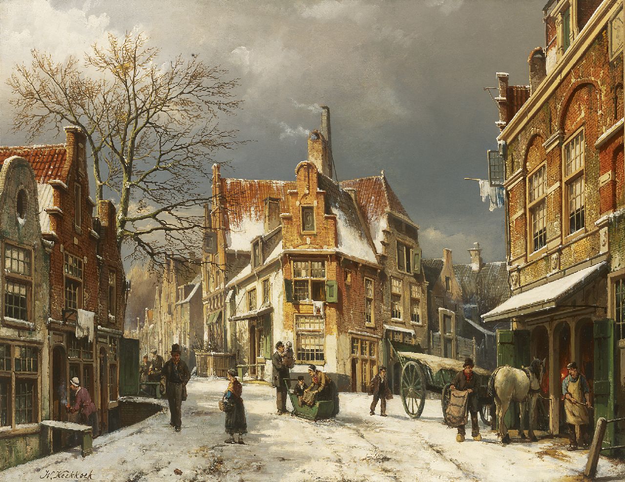 Koekkoek W. | Willem Koekkoek, Winters Enkhuizen hoek Dijk/Sint Jansstraat, olieverf op doek 54,3 x 69,6 cm, gesigneerd linksonder en gedateerd 13 januari 1892 op etiket VERKOCHT Koekkoek W. | Willem Koekkoek, Winters Enkhuizen hoek Dijk/Sint Jansstraat, olieverf op doek 54,3 x 69,6 cm, gesigneerd linksonder en gedateerd 13 januari 1892 op etiket VERKOCHT