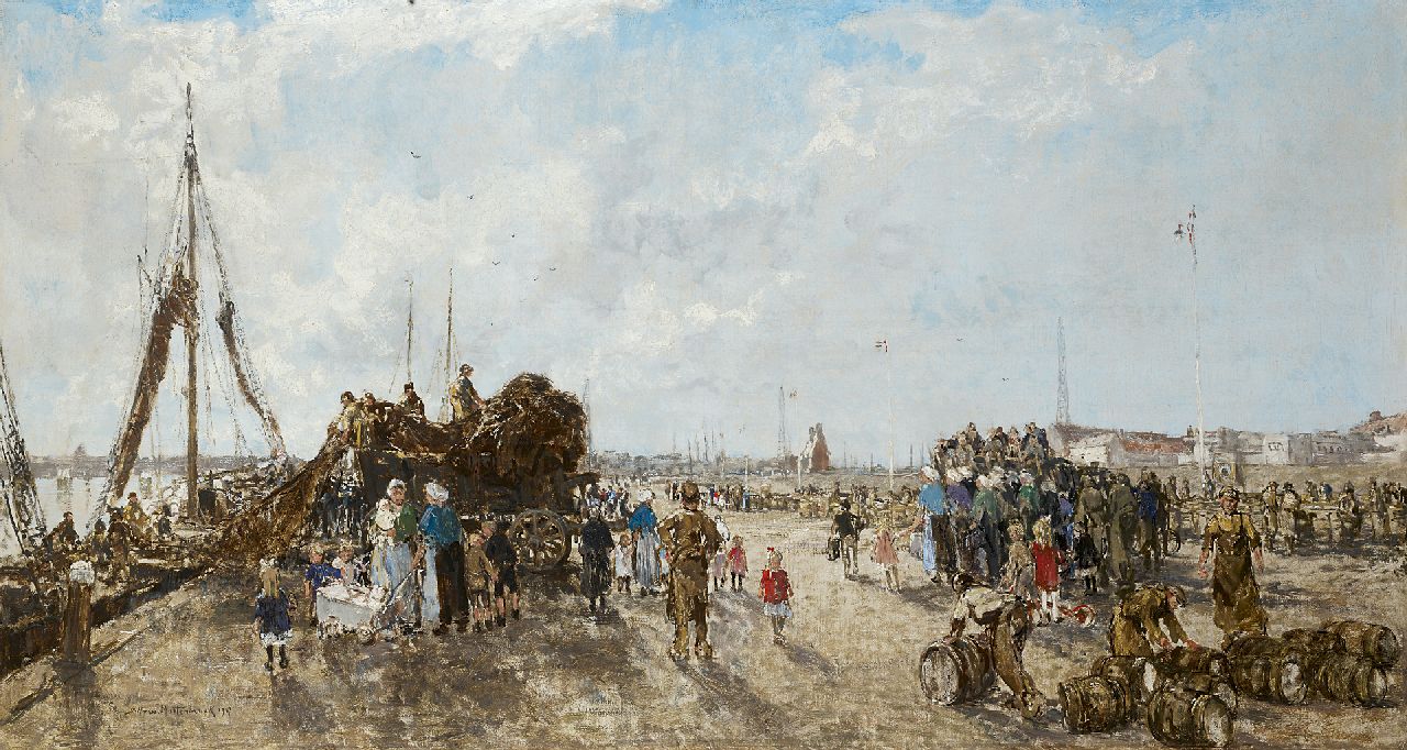 Mastenbroek J.H. van | Johan Hendrik van Mastenbroek, Als de loggers binnenkomen, Scheveningen, olieverf op doek 70,0 x 130,0 cm, gesigneerd linksonder en gedateerd 1937 Mastenbroek J.H. van | Johan Hendrik van Mastenbroek, Als de loggers binnenkomen, Scheveningen, olieverf op doek 70,0 x 130,0 cm, gesigneerd linksonder en gedateerd 1937