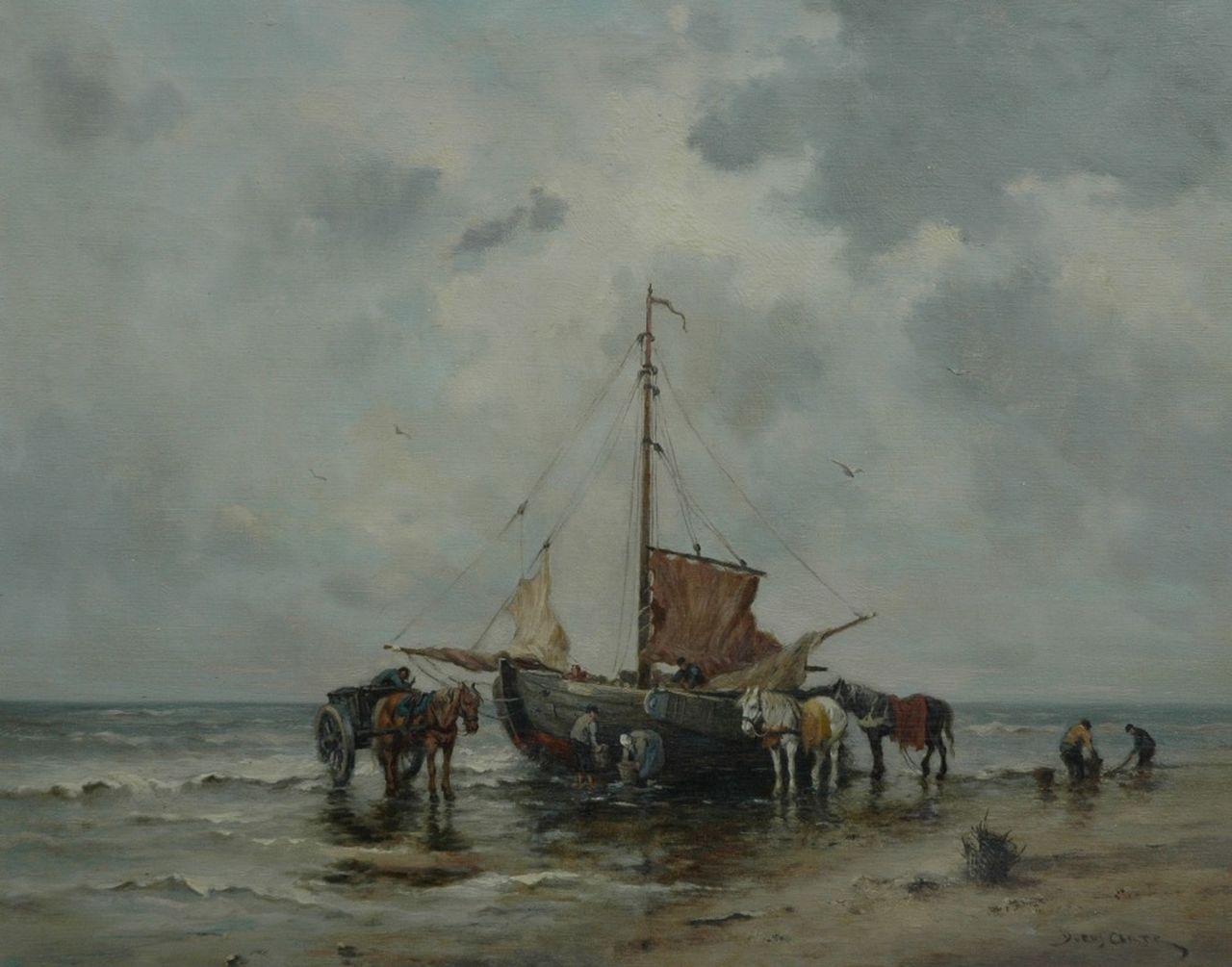 Arts T.J.  | Theodorus Johannes 'Dorus' Arts, Een pink en vissersvolk op het strand, olieverf op doek 40,7 x 51,0 cm, gesigneerd rechtsonder