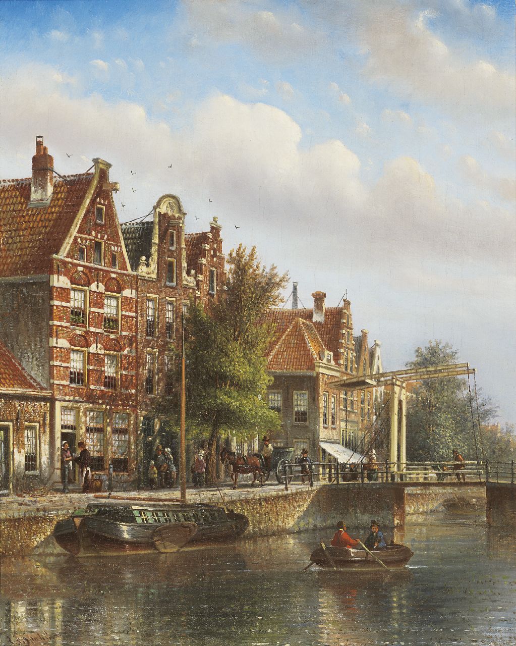 Spohler J.F. | Johannes Franciscus Spohler, Zomers stadsgezicht met afgemeerde trekschuit en roeibootje, olieverf op doek 44,0 x 35,0 cm, gesigneerd linksonder Spohler J.F. | Johannes Franciscus Spohler, Zomers stadsgezicht met afgemeerde trekschuit en roeibootje, olieverf op doek 44,0 x 35,0 cm, gesigneerd linksonder